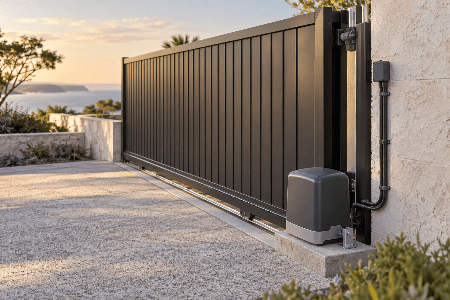 Close view of a driveway gate motor, lower track and dark metal gate at a limestone entrance