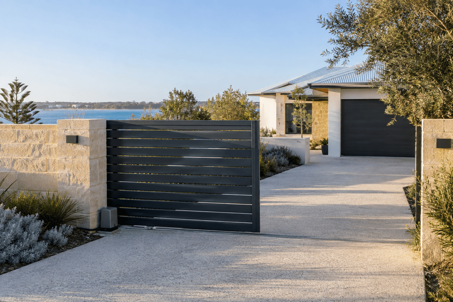 Charcoal automatic sliding gate with a pale limestone boundary at a coastal Australian home